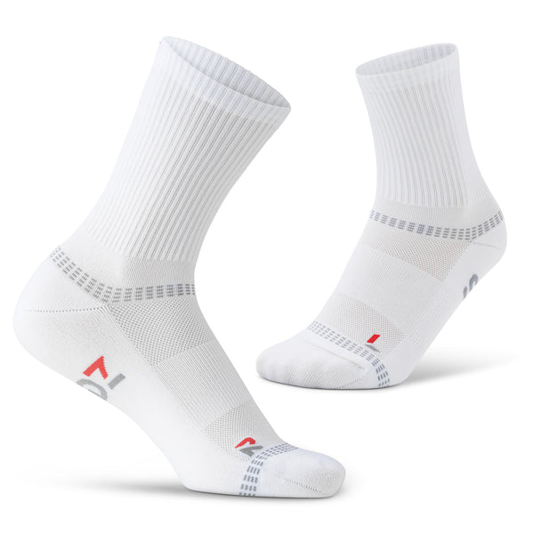 SEDZ The Runner's Sock in Core White – a pair of white anti-blister running socks