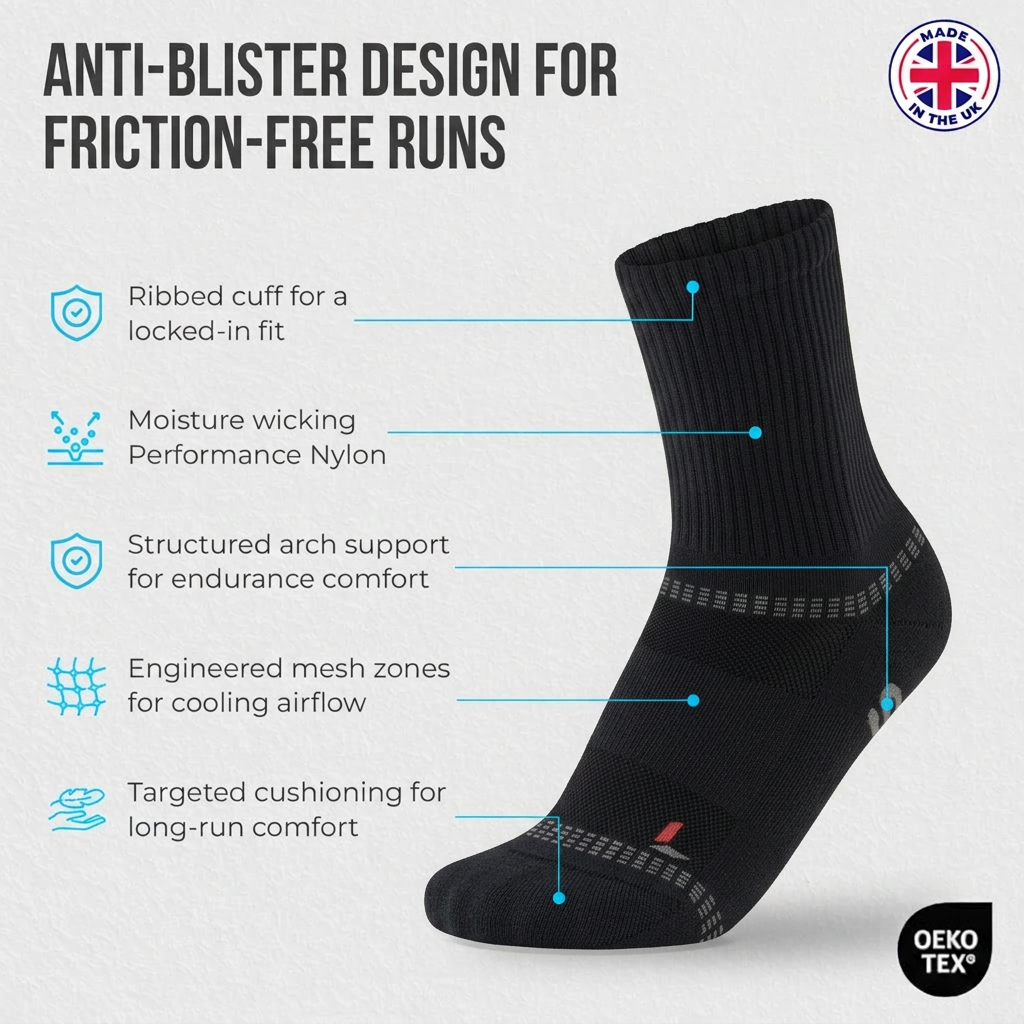 Stealth Black SEDZ running sock with anti-blister design callouts: ribbed cuff, moisture-wicking nylon, arch support, mesh airflow zones and targeted cushioning