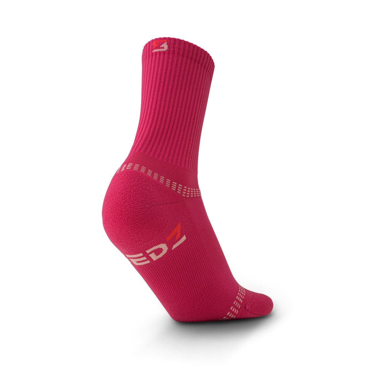 Heel view of a Crimson Pink SEDZ running sock showing the SEDZ logo