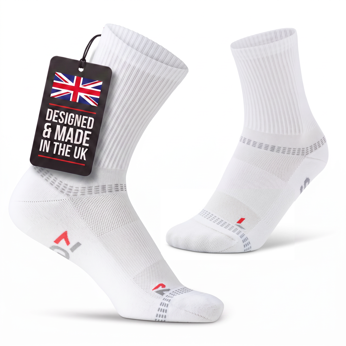 Core White SEDZ running socks with a 'Designed & Made in the UK' tag