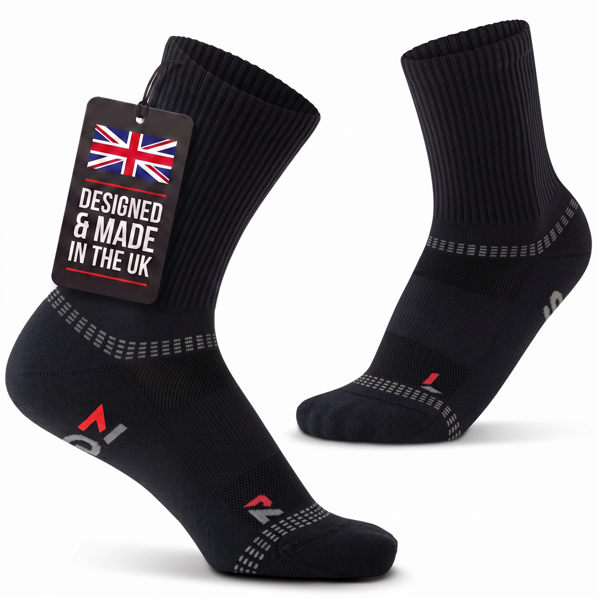 Stealth Black SEDZ running socks with a 'Designed & Made in the UK' tag