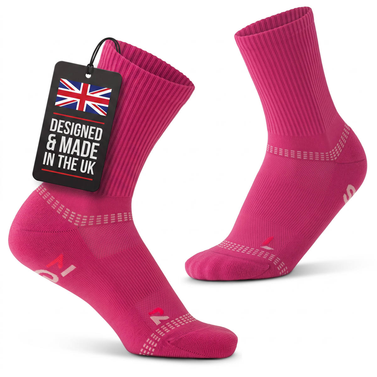 Crimson Pink SEDZ running socks with a 'Designed & Made in the UK' tag