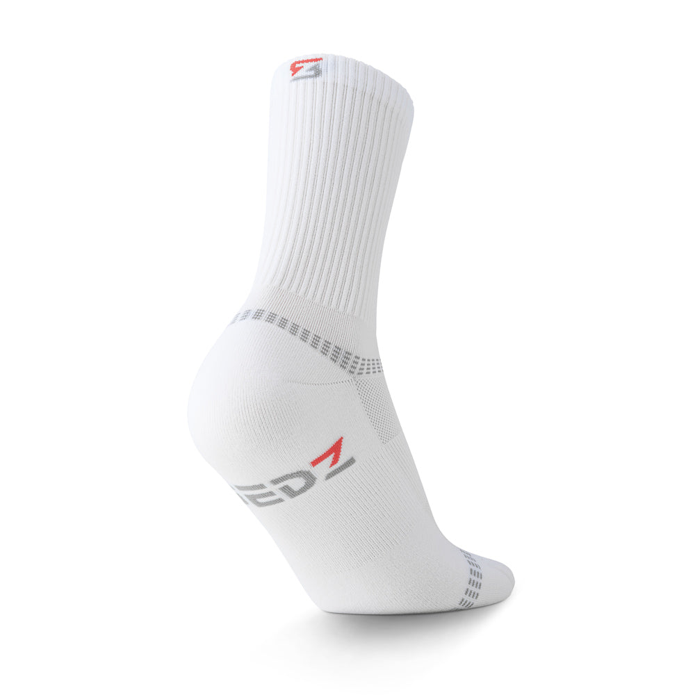Heel view of a Core White SEDZ running sock showing the SEDZ logo