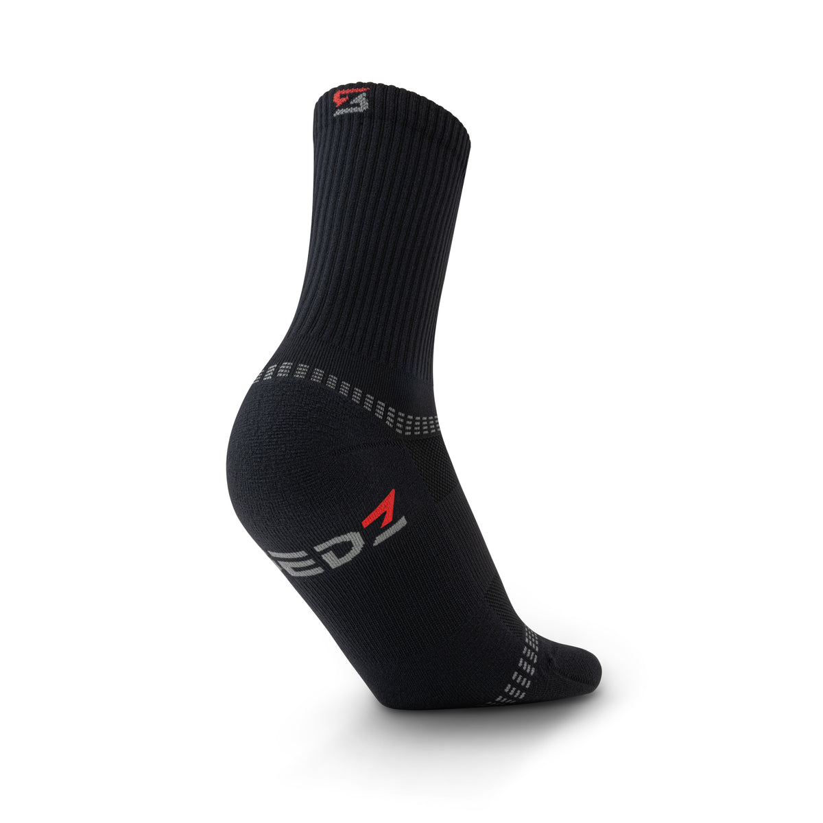 Heel view of a Stealth Black SEDZ running sock showing the SEDZ logo