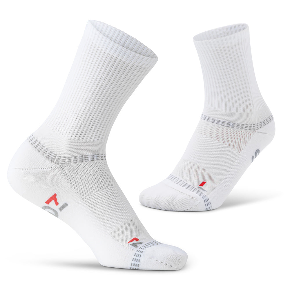 SEDZ The Runner's Sock in Core White – a pair of white anti-blister running socks